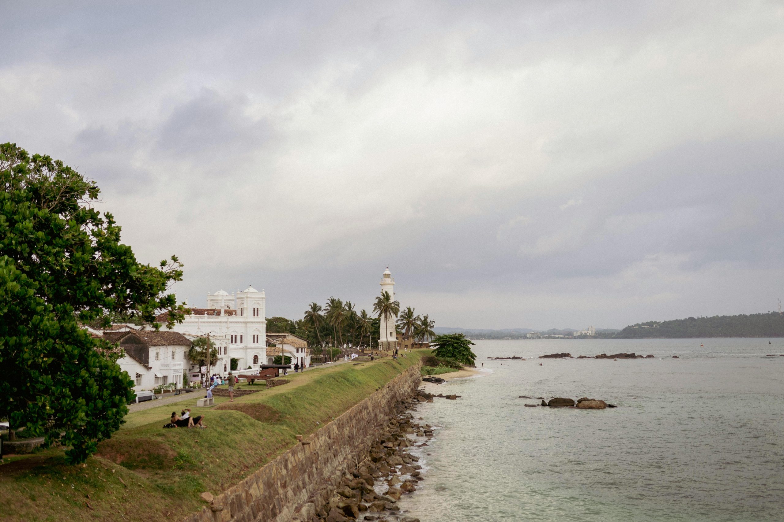 Serene view of the Galle lighthouse and Indian Ocean from the fort wall, Sri Lanka.